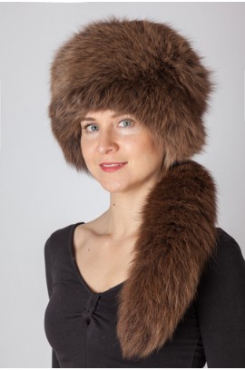 Brown fox fur hat with tail